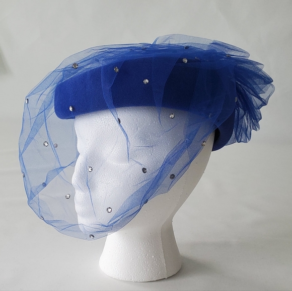 Vintage Royal Blue Pill Box Hat 100% Wool Felt - Picture 2 of 8